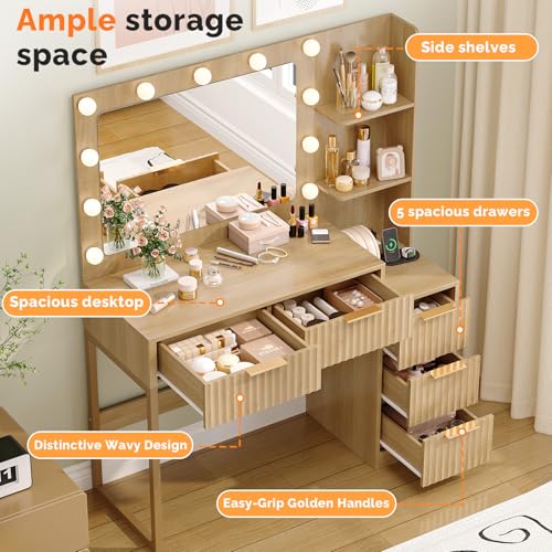 Fluted Makeup Vanity Desk with Mirror & Lights & Power Outlet, view 5