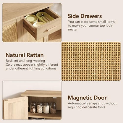 Rattan Sideboard Buffet Cabinet with Storage, Accent Kitchen Cabinet with 3 Doors & Drawer, Storage Cabinet with Adjustable Shelves, Coffee Bar for Living Room, Entryway, Natural Oak