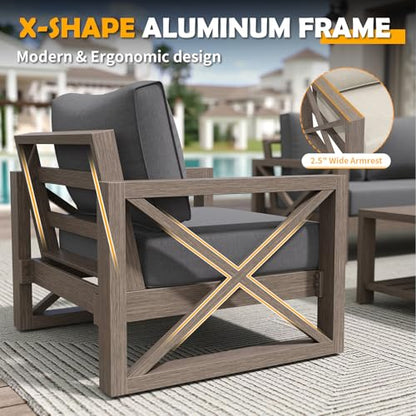 Aluminum Patio Furniture Set, 8 Pieces Modern Metal Outdoor Furniture, Faux Wood Grain Finish Frame Patio Sofa Sets with 6" Cushion for Backyard, Dark Grey (Included Waterproof Covers)