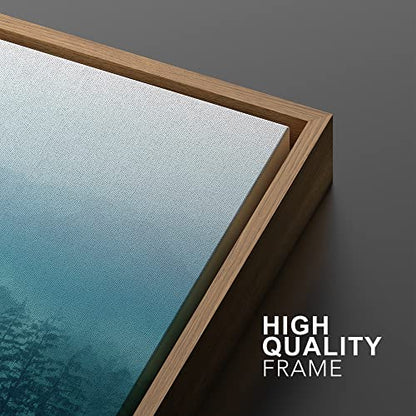 Framed Canvas Print Wall Art Set Woodland Nursery Decor Teal Mist & Fog Forest Tree Valley Nature Wilderness Decorative Landscape Zen for Living Room, Bedroom, Office - 24"x36"x2 Natural