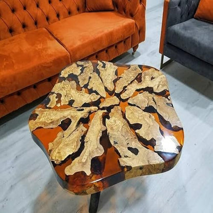RESINHOMEFURNITURE Orange Epoxy Resin Coffee Table Unique Wood Flower Design Side Table, Living Room Table, Bedroom Table, Handmade Natural Wood Decor (Without Stand, 30 x 30 Inches)