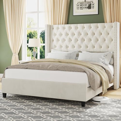 Queen Bed Frame with 51.6" Tall Upholstered Headboard,Cream, view 2