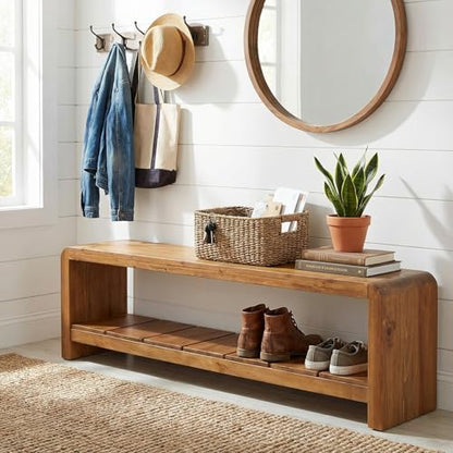 Solid Wood Entryway Bench with Shoe Storage, 59.06-Inch Long Shoe Bench with Open Shelf, Farmhouse End of Bed Seating for Hallway, Foyer, Bedroom, Walnut Brown