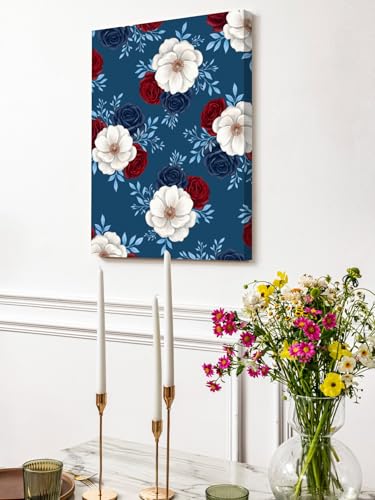 NuYeBiofx Independence Day Floral Canvas Wall Art Prints,48"x32" Framed Picture Artwork Red White Blue Roses Pattern Printed Canvas Oil Painting for Living Room Bedroom Office,Ready to Hang