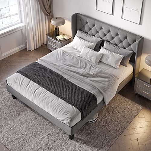 Queen Bed Frame with Button Tufted Wingback Headboard, Light Grey, view 4