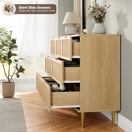 Rattan 7 Drawer Dressers for Bedroom, Tall Dresser with Deep Drawers, Large Chest of Drawers for Closet with Wide Top, Long Wooden Dresser for Living Room, Hallway, Kids Room, Natural