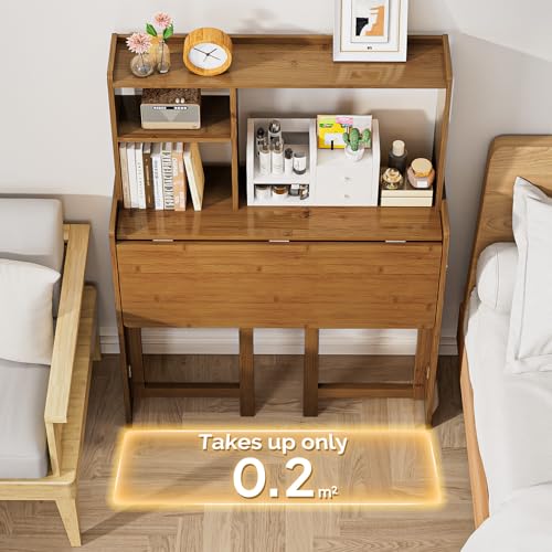 Folding Desk with Bookshelf, Compact Foldable Desk for Small Spaces,Brown, view 4