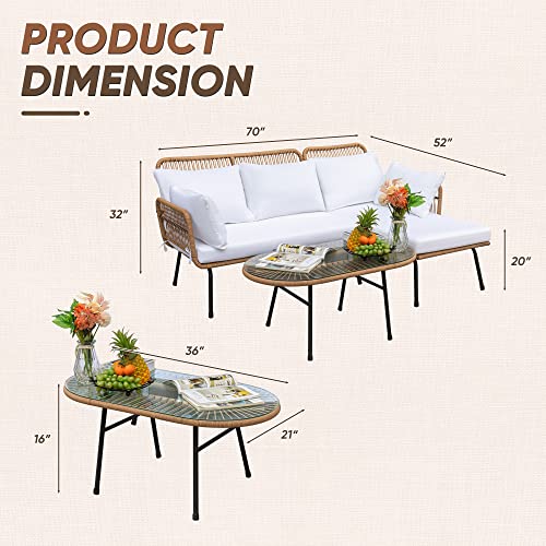 Outdoor Patio Furniture Set, Outdoor Sectional Conversation Rope Woven L-Shaped Sofa Set with Patio Table and Thick Cushions for Backyard Porch Balcony Garden, White