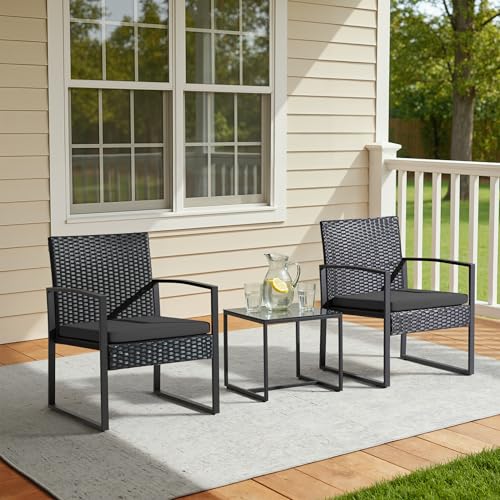 3 Piece Wicker Conversation Bistro Sets Outdoor Patio Set Modern Rattan Chair Furniture Sets with Coffee Table for Yard Garden Porch Lawn (Black)