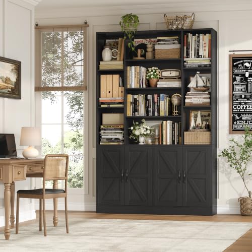 72" Tall Bookshelf, Large Farmhouse Bookcase with Storage, Black, view 5