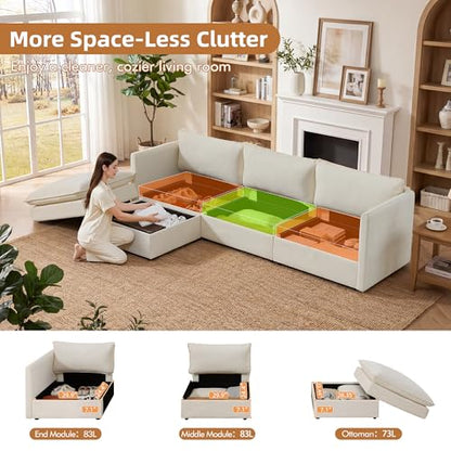 Modular Sectional Sofa with Storage Ottomans,102" L-Shaped Cloud Couch,Comfy Modern Couches with Pillows & Upholstered Deep Seat Cushion for Apartment Living Room Bedroom（Beige）