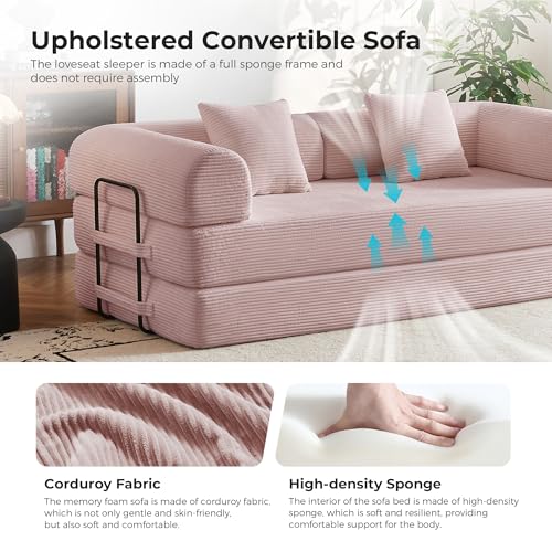 79" 5-in-1 Convertible Sofa Bed No Assembly, Boneless Couch Bed with High Density Foam, Foldable Sleeper Sofa, Corduroy Modular Couch for Apartment, Studio, Dorm Room, Small Space,Pink