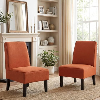 Accent Chairs Set of 2 Upholstered Living Room Chairs Armless Side Chairs Bedroom Chairs with Curved Backrest and Wooden Legs Orange