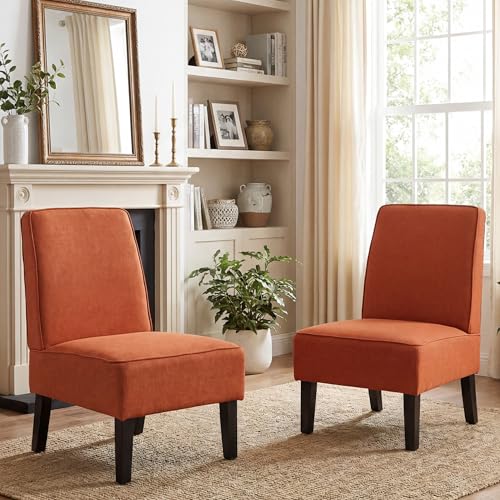 Accent Chairs Set of 2 Upholstered Living Room Chairs Armless Side Chairs Bedroom Chairs with Curved Backrest and Wooden Legs Orange