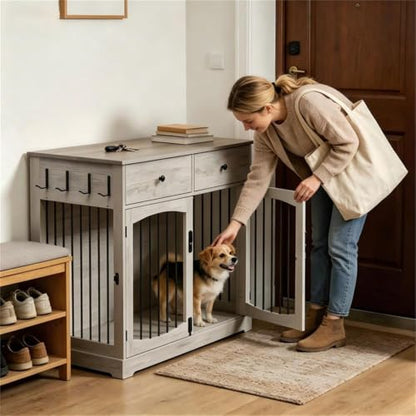 40" Gray Dog Crate End Table, Engineered Wood, 2 Drawers, Reinforced Steel, view 6