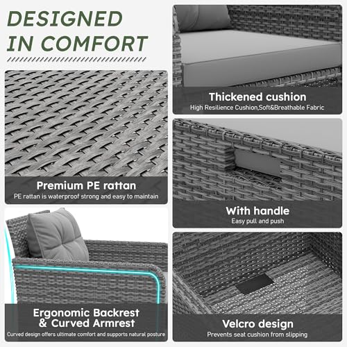 Balcony Furniture Set 5 Piece Patio Conversation Set, PE Wicker Outside Furniture with Soft Cushions & Coffee Table, Outdoor Lounge Chairs with Ottoman for Porch, Lawn, Balcony, Grey-Grey