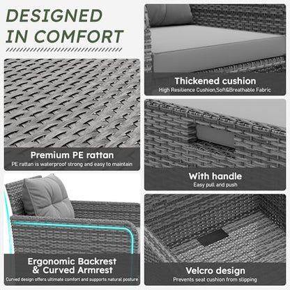 Balcony Furniture Set 5 Piece Patio Conversation Set, PE Wicker Outside Furniture with Soft Cushions & Coffee Table, Outdoor Lounge Chairs with Ottoman for Porch, Lawn, Balcony, Mix-Grey