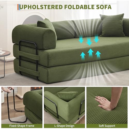 4 in 1 Convertible Sleeper Sofa Bed Couch, 79 Inch Boneless Corduroy Floor Couch with Pillows, No Assembly, Modern Deep Seat Sofa Futon Mattress for Living Room,Apartment,Green