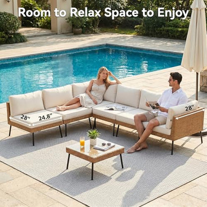 7-Piece Patio Furniture Set, Wicker Outdoor Furniture with Water Resistant Thick Cushions, Patio Conversation Set Outdoor Sectional Sofa with Coffee Table for Backyard Poolside, Beige