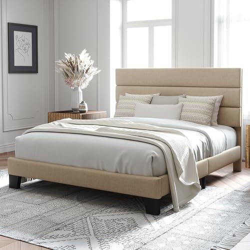Queen Size Platform Bed Frame with Fabric Upholstered Headboard, view 4