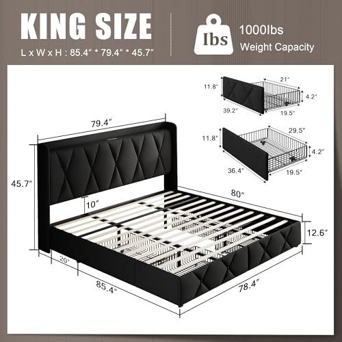 King Size Bed Frame with 4 Storage Drawers and Charging Station, view 3