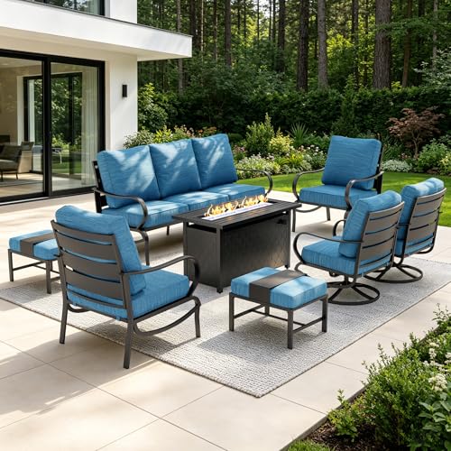 Patio Furniture Sets for 9 with 45" Gas Fire Pit Table Outdoor Conversation Sets, 2xSofa Chairs, 2xSwivel Cushion Chairs, 1x3-Seat Sofa, 2xOttomans for Porch Poolside Peacock Blue