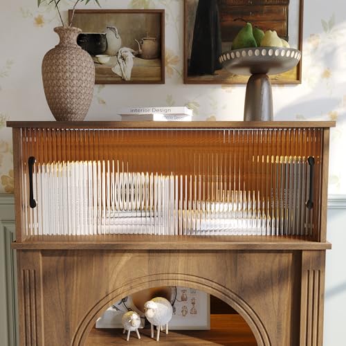 Sideboard Buffet Cabinet with LED Lights & Sliding Glass Doors, Modern Kitchen Storage Credenza Coffee Bar with Wood Grain & Adjustable Shelf for Living Room, Brown