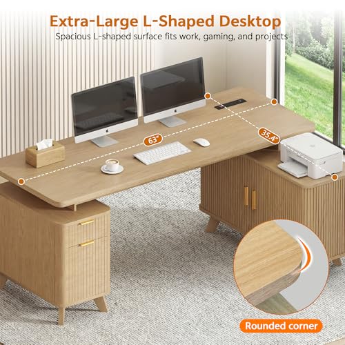 63" L Shaped Executive Desk with Drawers & Sliding Doors Fluted, view 4