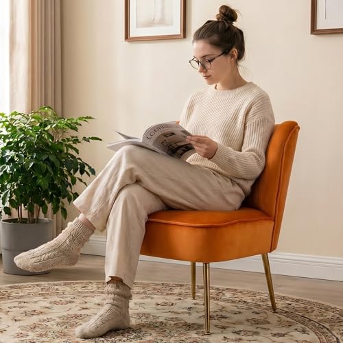 Velvet Accent Chairs Set of 2 for Comfy Living Room Armless Slipper Chair Mid Century Side Chair Single Sofa with Golden Legs Wingback for Bedroom Guest Room, Orange