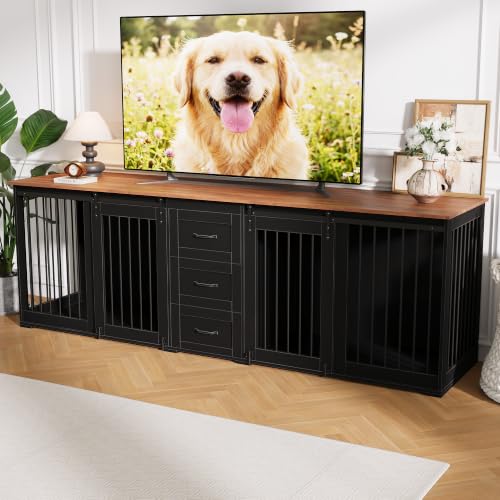Large Dog Crate Furniture, Farmhouse Double Dog Kennel TV Stand w/ 3 Drawers, view 8