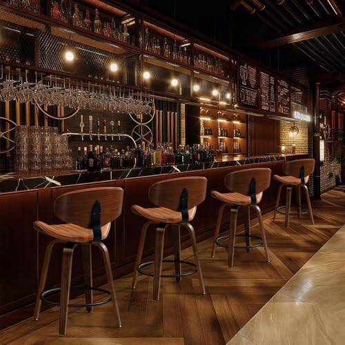 Swivel Bar Stools Set of 3, 24 inch PU Leather Wooden Bentwood Barstools Counter Height Modern Breakfast Bar Chairs with Backrest and Footrest for Kitchen Island, Dining Room D035-Brown-3