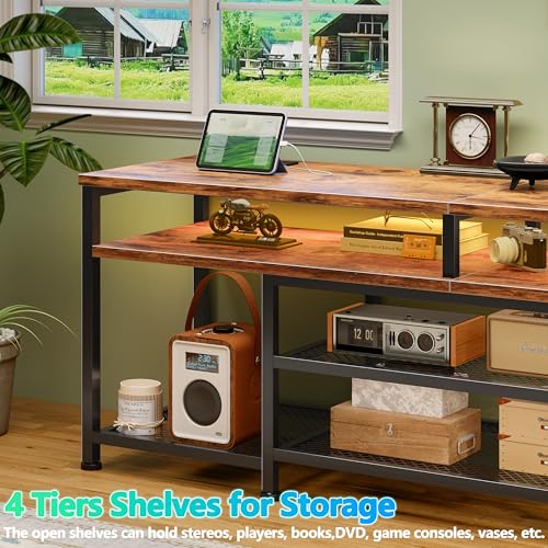 63 Inch TV Stand with Power Outlets & LED Lights, Rustic Brown, view 6