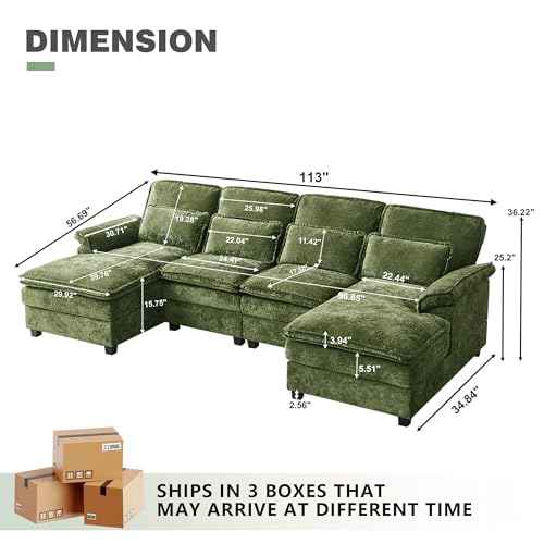 112" Modular Sectional Sofa, U Shaped Comfy Cloud Couch with Double Chaise and Padded Armrests, Modern Deep Seat Sectional Couches for Living Room, Apartment, Office, Green
