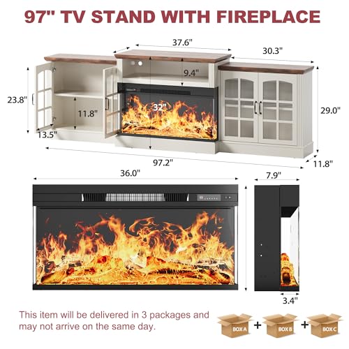 97'' Fireplace TV Stand with 3-Sided Electric Fireplace up to 100" TV, view 3