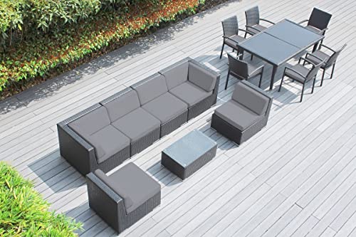Genuine Ohana Outdoor Sectional Sofa and Dining Wicker Patio Furniture Set (14 pc Set) with Free Patio Cover (Gray)