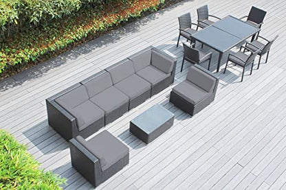 Genuine Ohana Outdoor Sectional Sofa and Dining Wicker Patio Furniture Set (14 pc Set) with Free Patio Cover (Gray)
