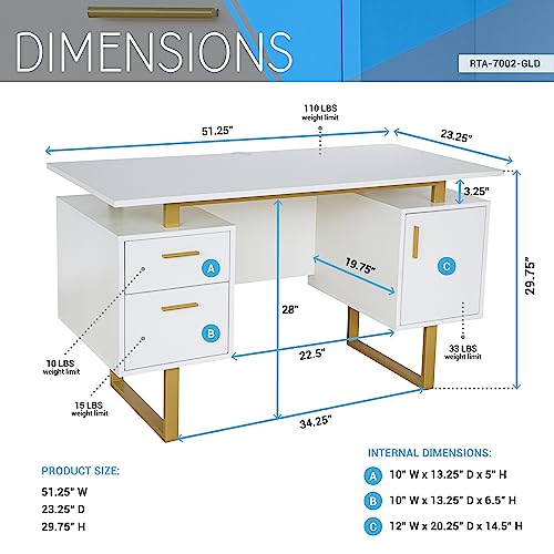 Storage Drawers and Cabinet 51.25” W-Modern Office Large Floating Desktop Surface Desk, 23.6" D x 51.2" W x 29.8" H, White/Gold