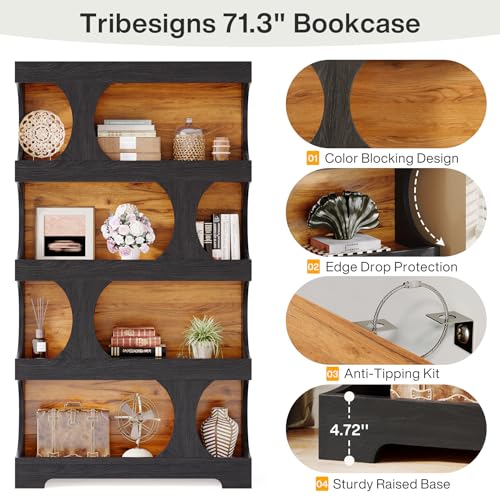 71" Tall Bookcase, 4-Tier S-Shaped Bookshelf, Wood Decorative Storage Shelving, view 6