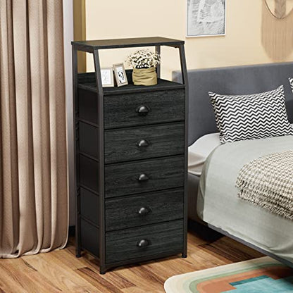Black Dresser with 5 Drawers, Vertical Storage Tower Fabric Dresser for Bedroom, Hallway, Entryway, Nursery, Closet Organizer, Nightstand Bedside Table Furniture, Sturdy Steel Frame, Wood Top