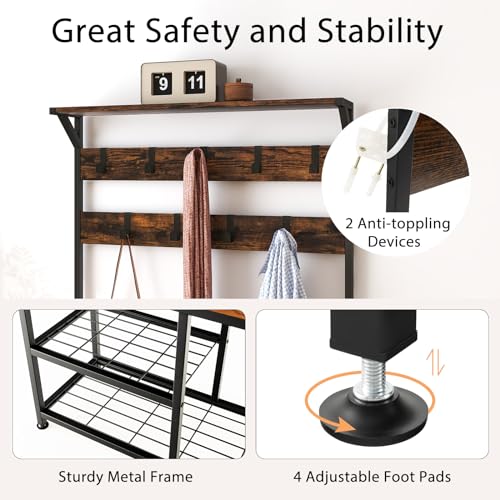 Coat Rack Shoe Bench, 3-in-1 Industrial Hall Tree w/Storage Bench & 9 Hanging Hooks, 3-Tier Wood Look Entryway Bench w/Metal Frame, Adjustable Foot Pads for Dorm, Apartment, Hall, Brown