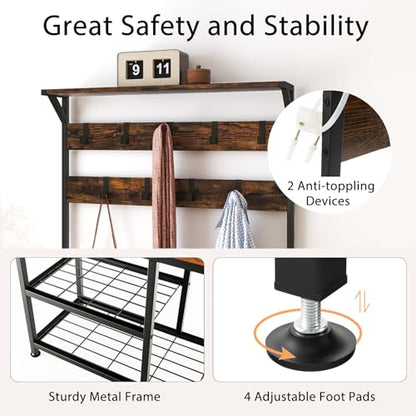 Coat Rack Shoe Bench, 3-in-1 Industrial Hall Tree w/Storage Bench & 9 Hanging Hooks, 3-Tier Wood Look Entryway Bench w/Metal Frame, Adjustable Foot Pads for Dorm, Apartment, Hall, Brown