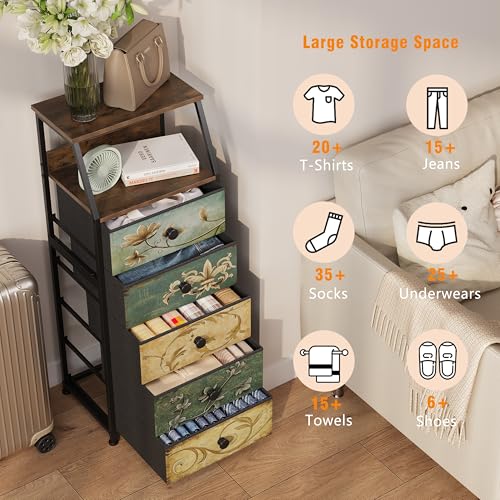 Nightstand with Fabric Drawers Dresser with 2 Tier Shelf Storage Tower for Bedroom Hallway Entryway Closet Organizer Sofa Beside Table Furniture (Multi, 5 Drawers)