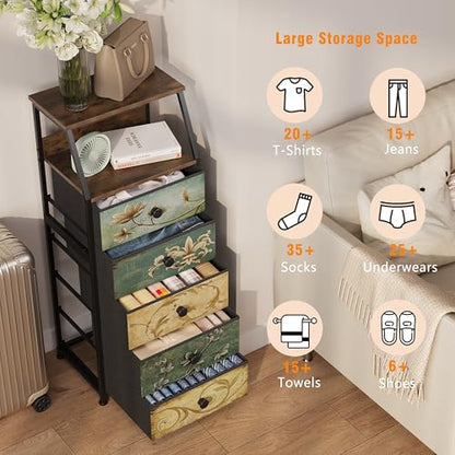 Nightstand with Fabric Drawers Dresser with 2 Tier Shelf Storage Tower for Bedroom Hallway Entryway Closet Organizer Sofa Beside Table Furniture (Multi, 5 Drawers)