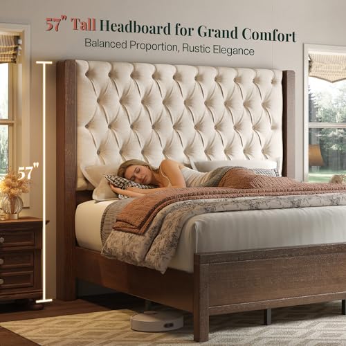 Queen Size Solid Wood Bed Frame,57" Wingback Headboard,Walnut, view 4