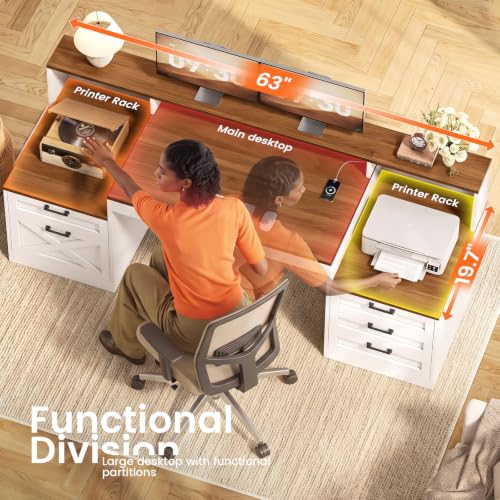 63" Farmhouse Office Desk with 5 Drawers, White and Brown, view 6