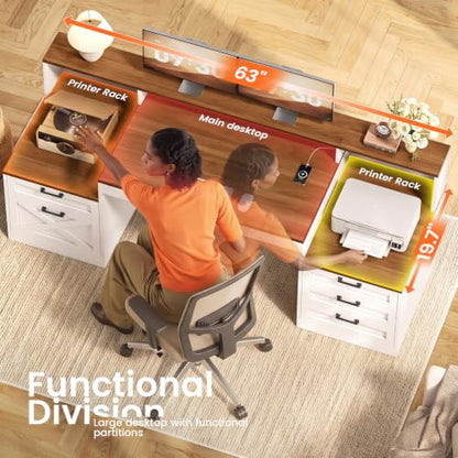 63" Farmhouse Office Desk with 5 Drawers, White and Brown, view 6