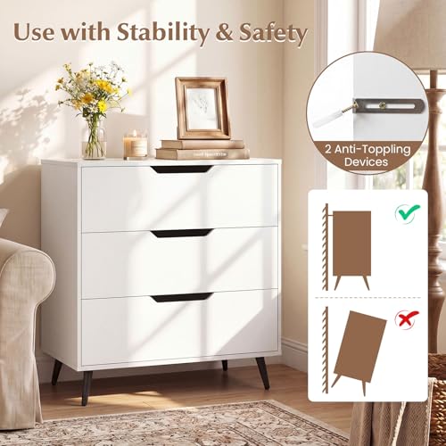 3-Drawer Dresser, Chest of Drawers, Rustic Farmhouse Wooden Storage Dresser, Sofa Beside Table, Utility Storage Organizer for Bedroom, Living Room, Study, Entryway and Closet (White)