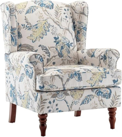 Floral Accent Chair, Comfortable High Back Upholstered Armchair with Solid Wood Legs, Leisure Single Sofa Chair for Living Room, Home Office, Bedroom, Blue Floral