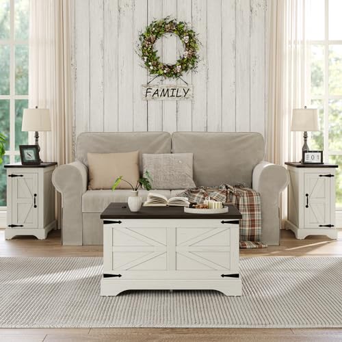 Farmhouse Lift Top Coffee Table, Square Wood Center Table with Large Hidden Storage Compartment for Living Room, Rustic Cocktail White Modern Table with Hinged Lift Top, Brown Top