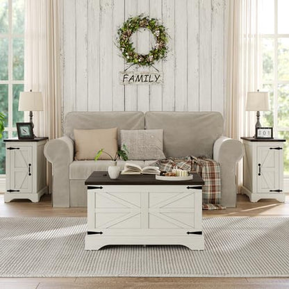 Farmhouse Lift Top Coffee Table, Square Wood Center Table with Large Hidden Storage Compartment for Living Room, Rustic Cocktail White Modern Table with Hinged Lift Top, Brown Top